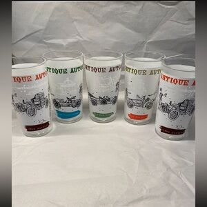 5 Vintage Antique Auto Frosted Drinking Glasses.